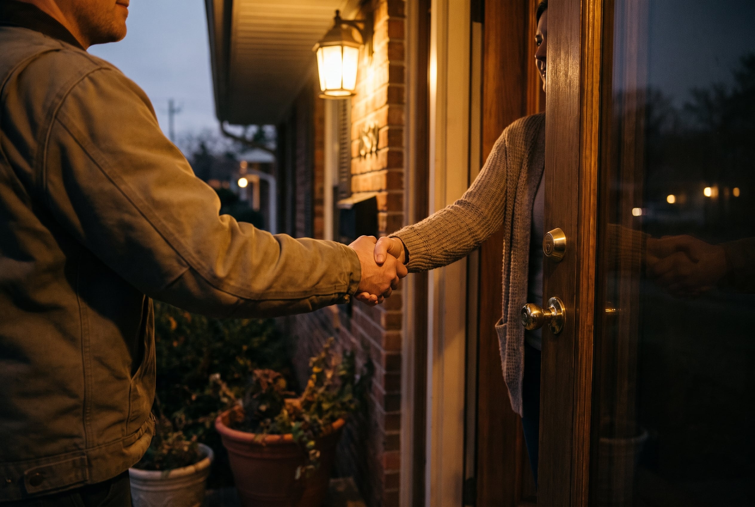 A contractor shaking hands with a homeowner at the front door