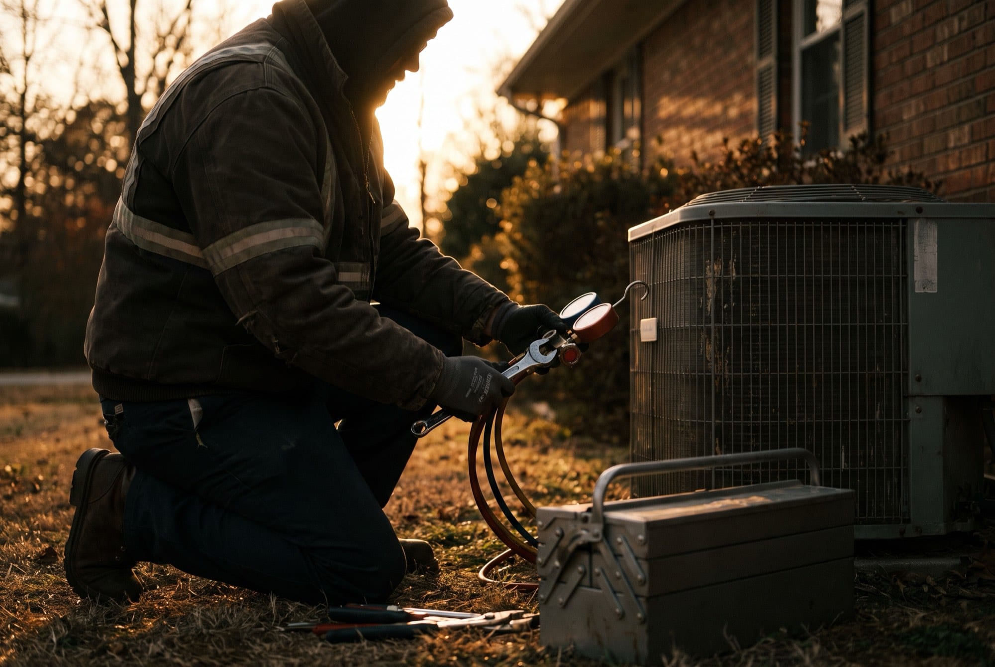 HVAC technician checking refrigerant gauges at an outdoor condenser unit