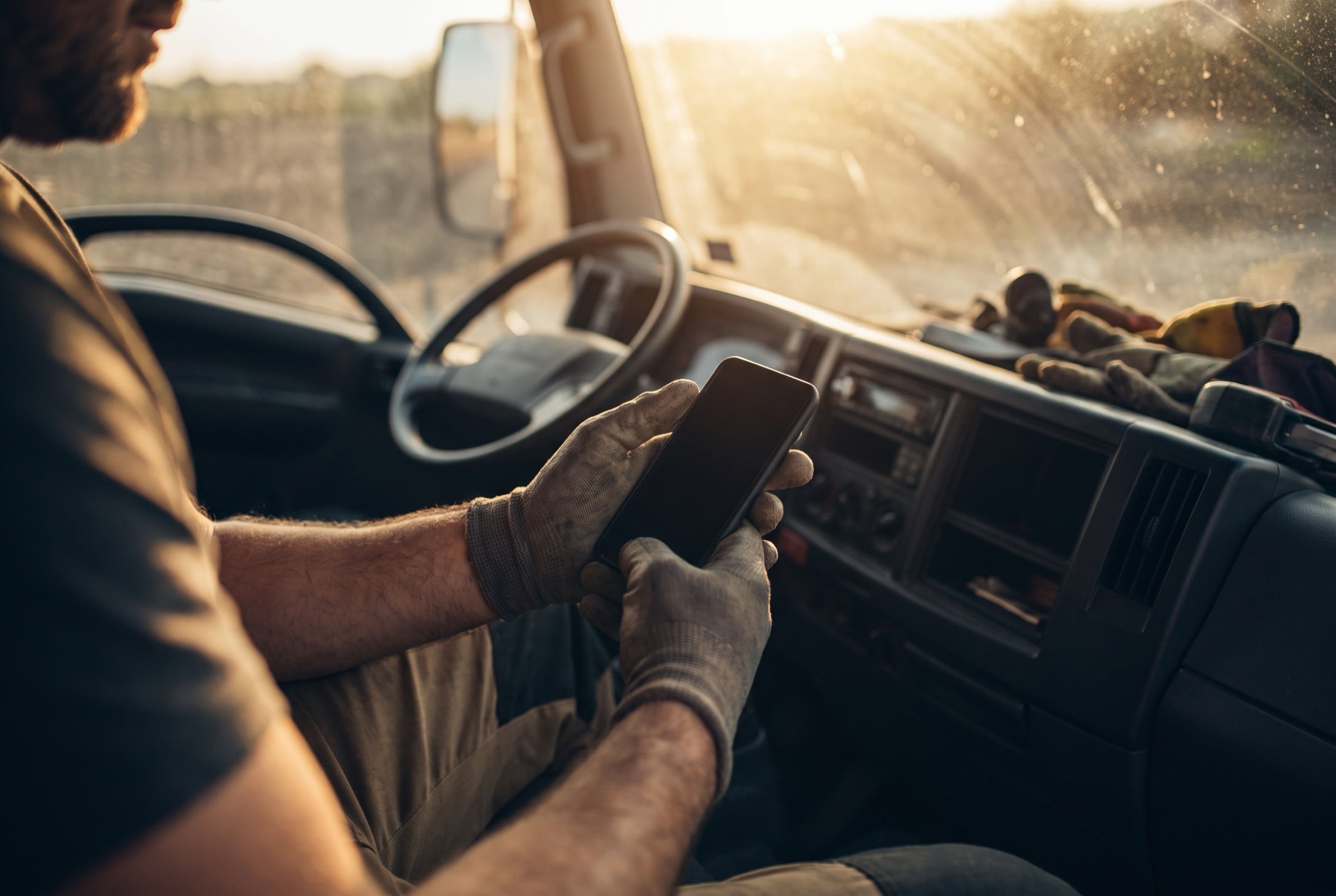 Technician checking a service call on his phone from the truck