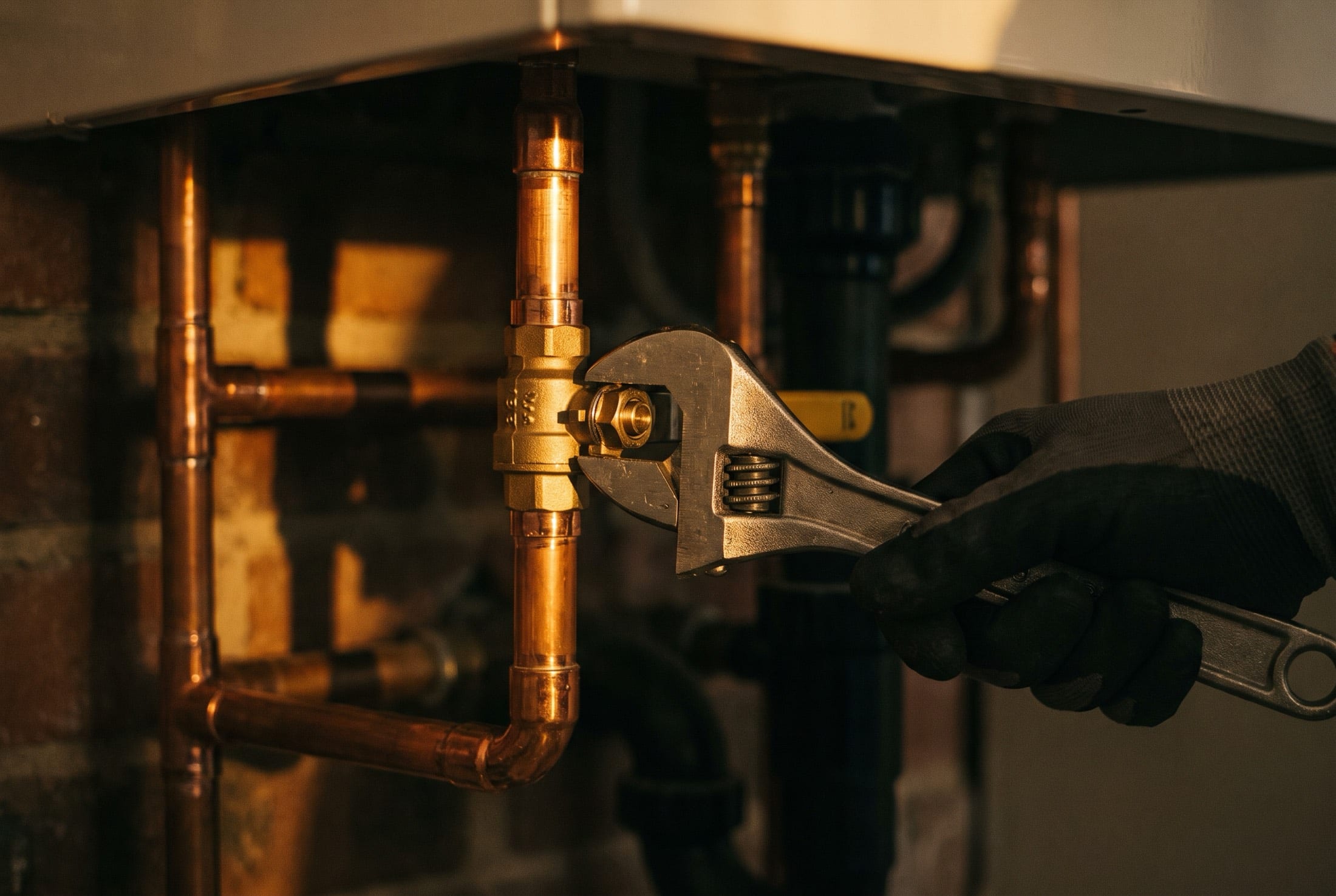 Wrench tightening a copper pipe fitting during a home plumbing repair