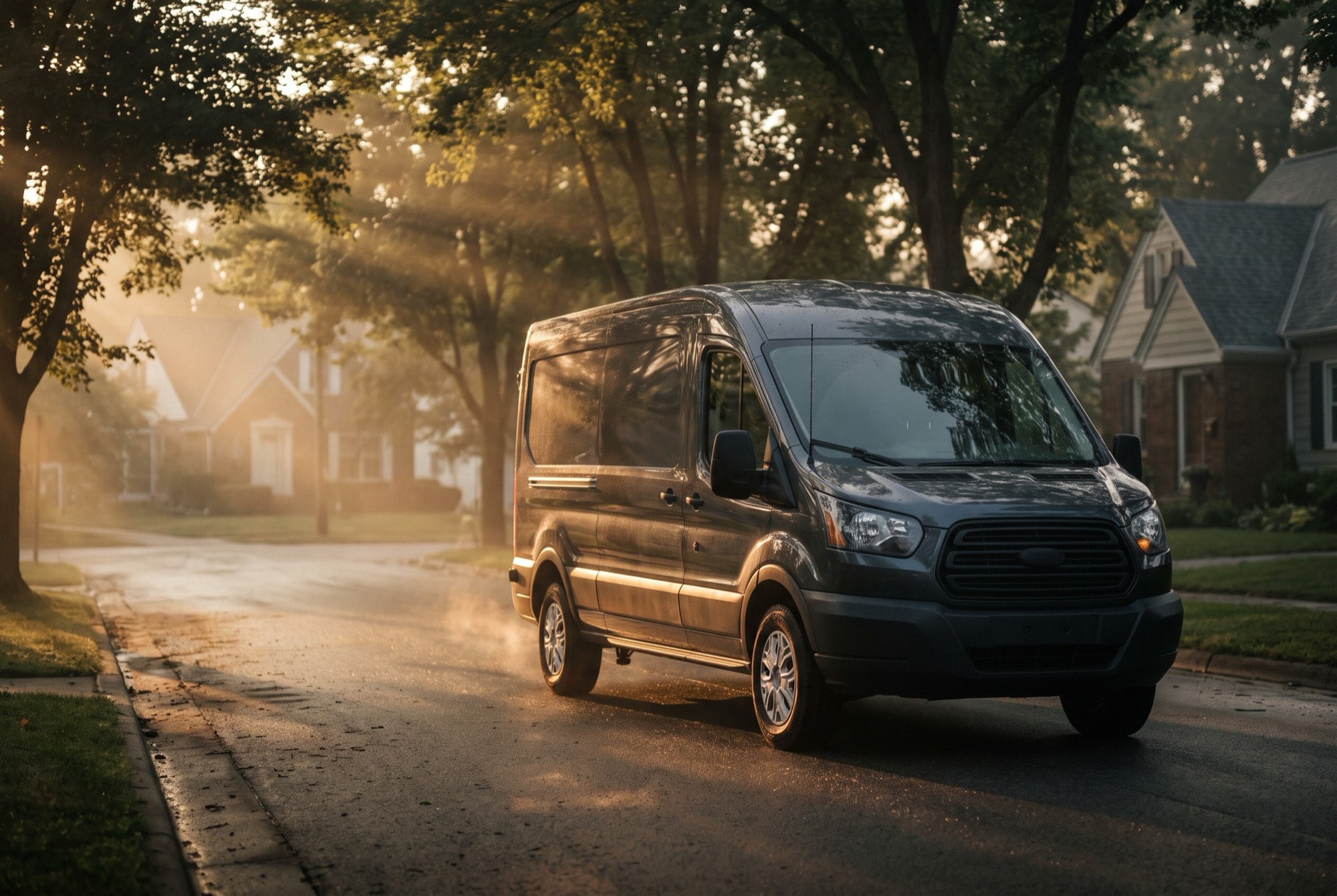 Service van parked outside a home on a quiet residential street