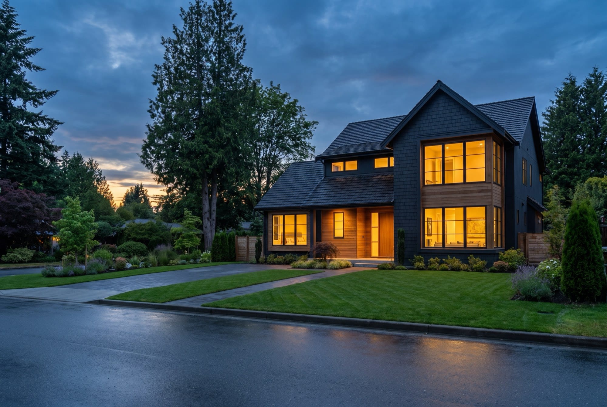 Modern home exterior glowing with warm light at dusk