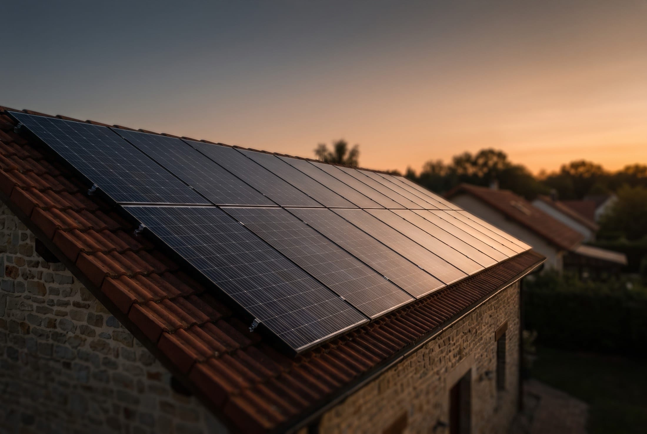 Solar panels mounted on a tile roof at dusk