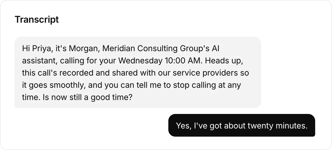 Example start of a call transcript in the Scouq dashboard: the agent says it is Morgan, Meridian Consulting Group's AI assistant, that the call is recorded and shared with service providers, and that the lead can tell it to stop calling at any time