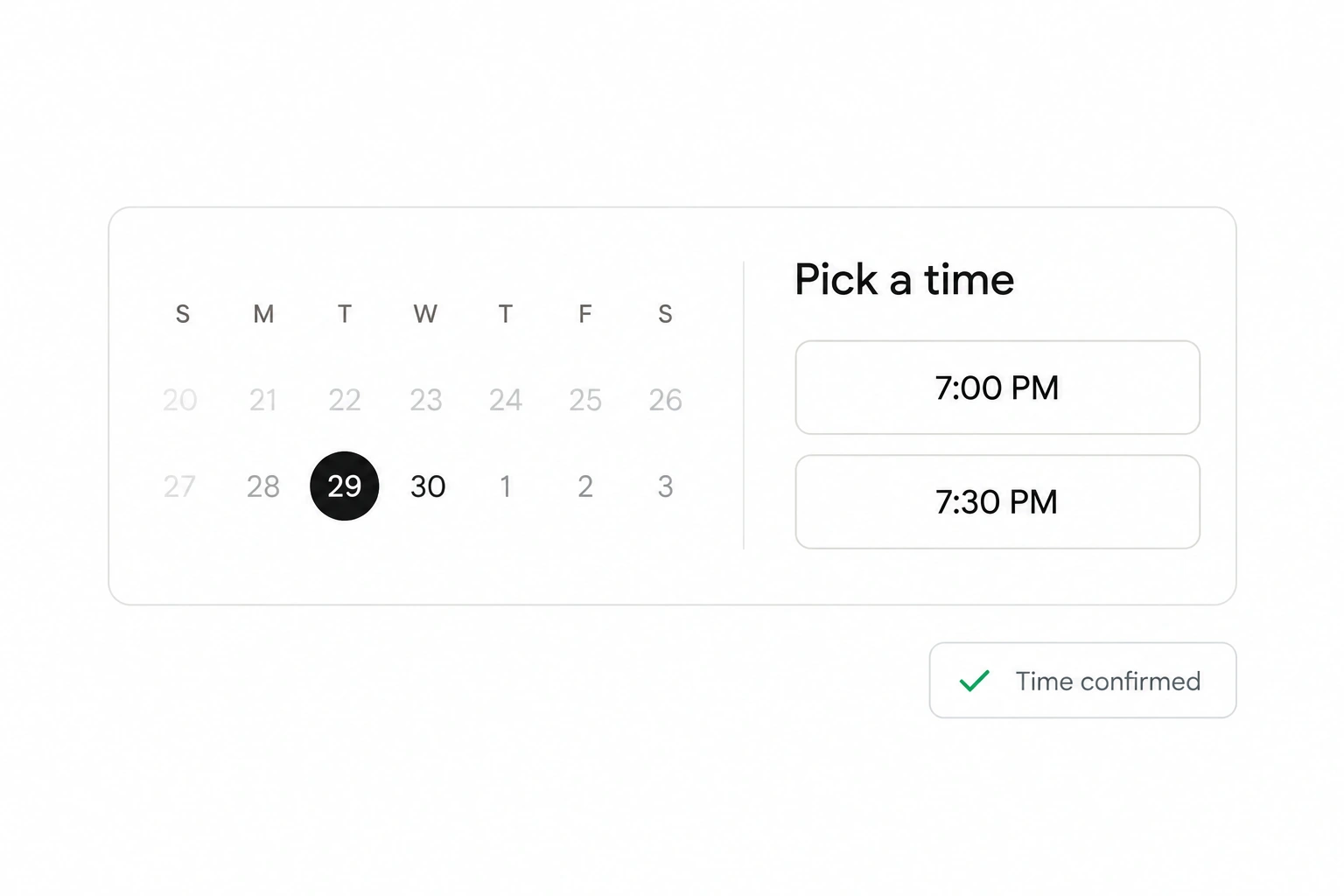 A booking calendar with a selected time and a confirmed booking.